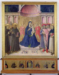 The Bosco ai Frati Altarpiece: The Virgin and Child enthroned with two angels between SS. Anthony of Padua, Louis of Toulouse and Francis and SS. Cosmas and Damian and Peter the Martyr